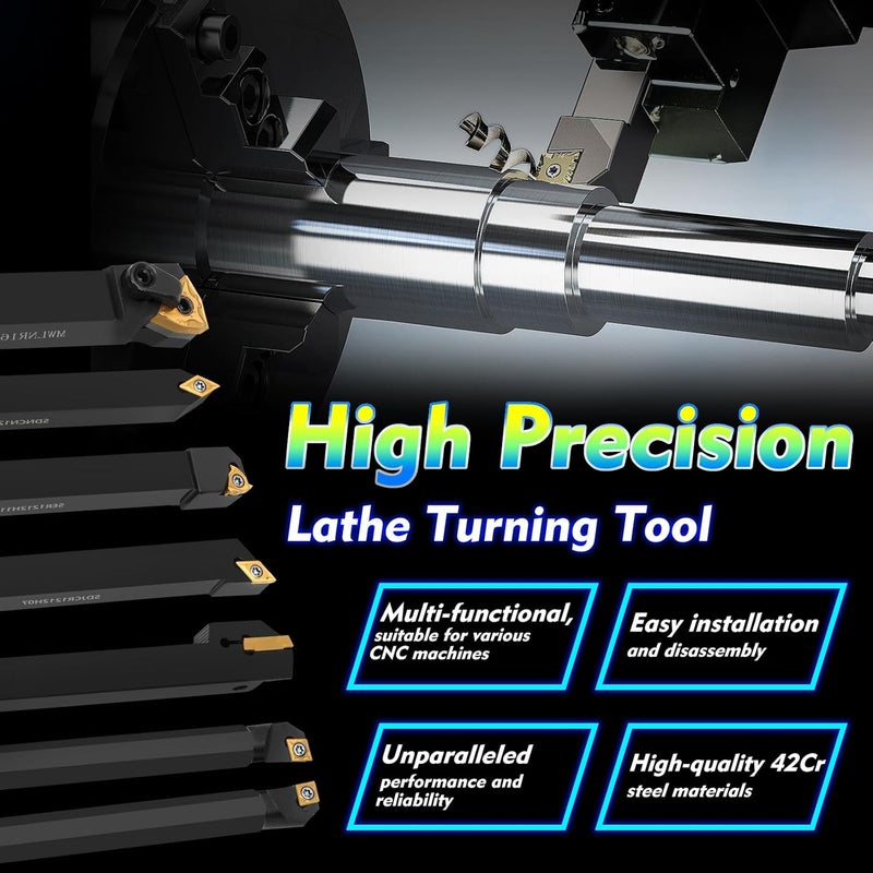 Joogto Indexable Lathe Turning Tool 21Pcs Kit 1/2'' 12mm Shank 7Pcs Carbide Turning Tool Holders with 14Pcs Tin Coated Turning Inserts Metal Lathe Tool Holder Set for Turning Grooving Threading Boring - Image 3